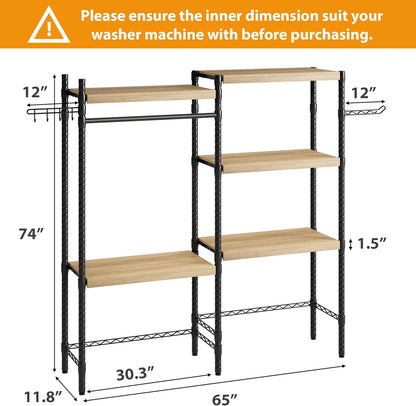 CABIHOME 5-Tier Over-The-Washer Shelf - Adjustable Height Laundry Organizer Space Saver, Double-Layer 100lb Shelves, 2 Hooks for Bathroom/Balcony (Natural& Black)