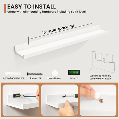 Fun Memories Picture Ledge Shelves Set of 2, 32 Inch Rustic Wall Mounted Floating Shelves with Lip for Home Storage and Décor in Bathroom, Kitchen, Nursery, Bedroom, Living Room, White