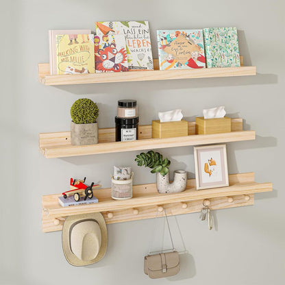 MBYD Wood Wall Shelf With Hooks Floating Shelves for Wall Bathroom Shelves Wall Mounted Nursery Floating Bookshelf for Kids Room Toy Storage Shelf for Bedroom Picture Frames Kitchen (Natural, 36 Inch)