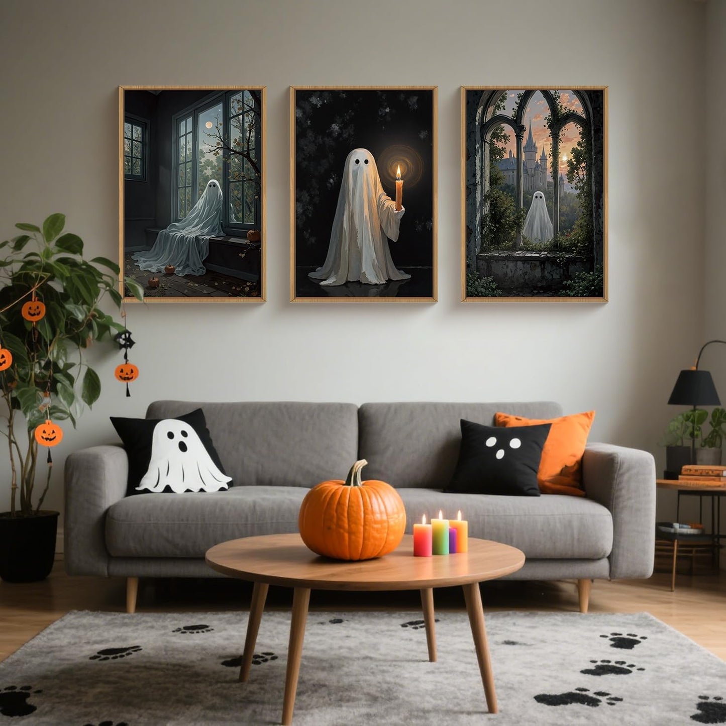 LHIUEM Large Halloween Cute Ghost Framed Canvas Wall Art Set,Vintage Spooky Wall Decor,Retro Dark Prints,Midnight Candle Poster Artwork for Living Room,Bathroom,Dining Room -16"x24"x3