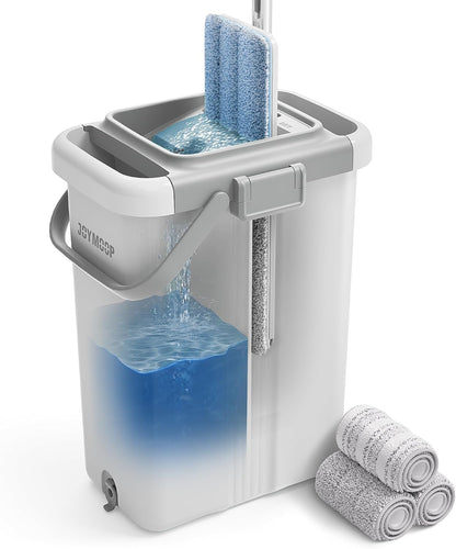 JOYMOOP Mop and Bucket with Wringer Set, Flat Squeeze Mop with Bucket (X-Large), Dust Mop for Wall Cleaner with Long Handle, Microfiber Mop - White Bucket with 3 Reusable 15" Pads