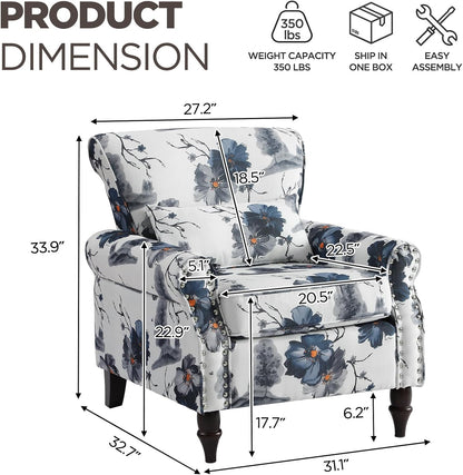 Wingback Accent Chair with Removable Pillow, High Back Floral Armchair with Solid Wood Legs & Nailhead Trim, Comfy Upholstered Reading Single Sofa Chair for Bedroom (1, Ink Blue Pattern)