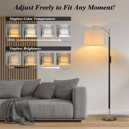 Floor Lamp, LED Floor Lamp with APP & Remote & Touch Control, Stepless Color Temperatures and Brightness, Tall Standing Lamp with Pleated Lampshade for Living Room, Bedroom, Office(Black Gold)