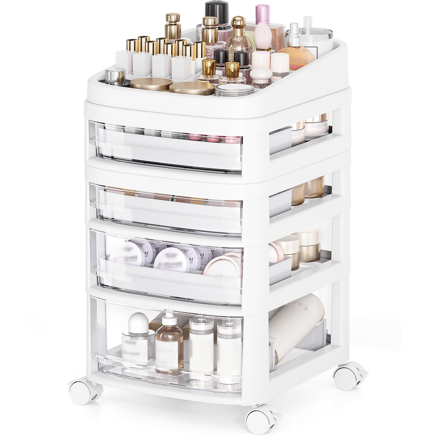 Rolling Cart with 4 Drawers, Clear Plastic Drawer Organizers, Vanity Cart
