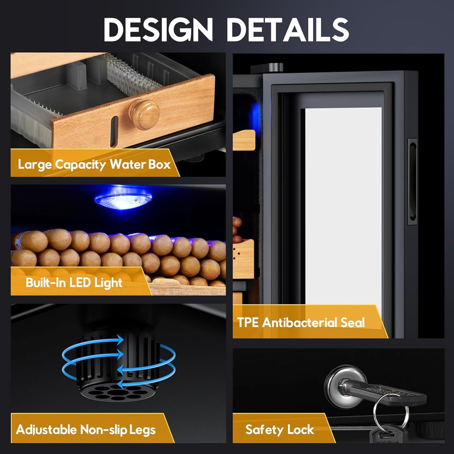 Tylza Cigar Humidor Cabinet 50L, Temp & Humidity Control Electric Humidors for Cigars, 370 Cigars, Digital Hygrometer, Safety Lock, Cigar Humidors with Cedar Wood Drawer Shelves, Cigar Gifts for Men