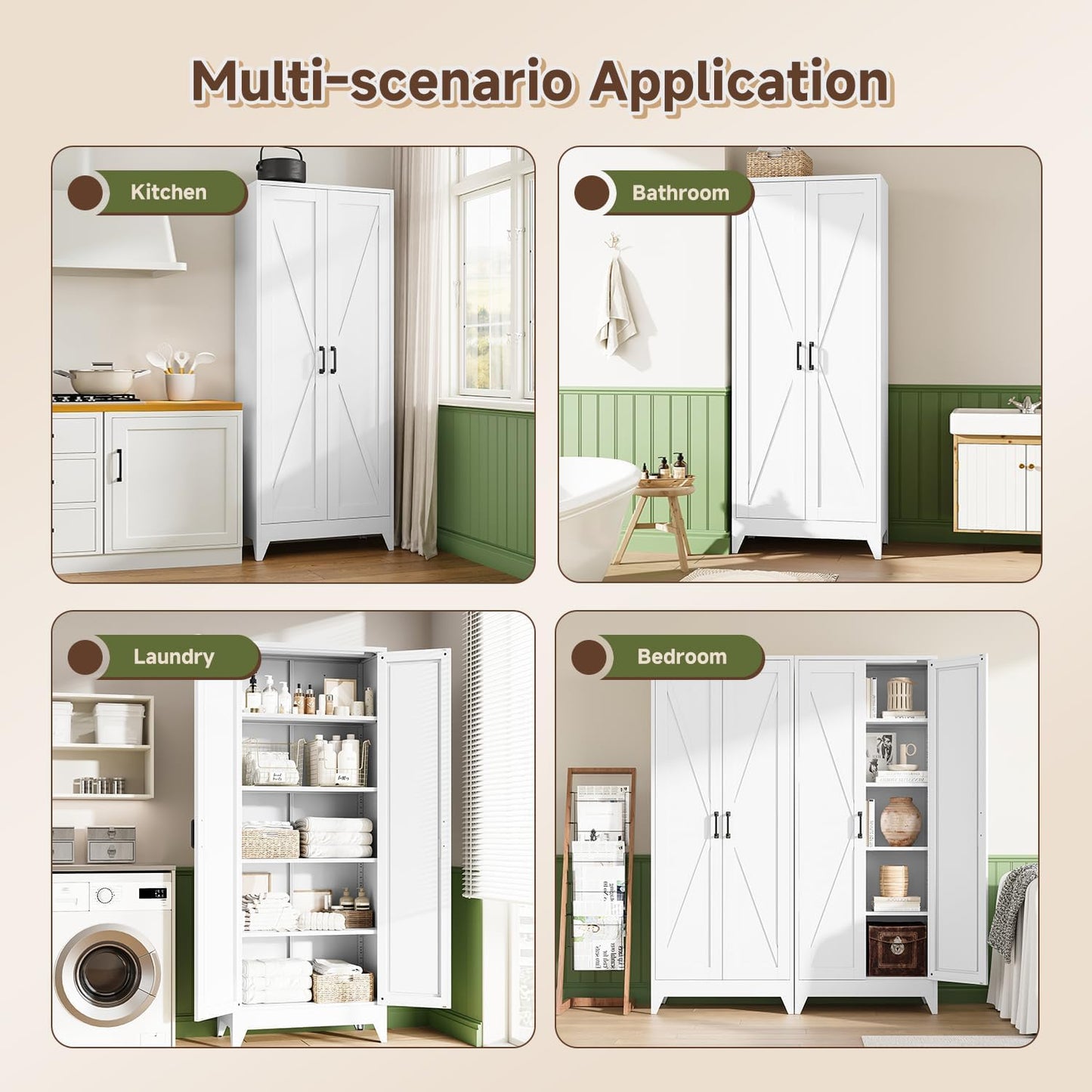Letaya Storage Cabinet,75" H Metal Kitchen Pantry Cabinets with Doors and Adjustable Shelves,Pantry Organizers for for Cupboard/Office/Garage Room,White