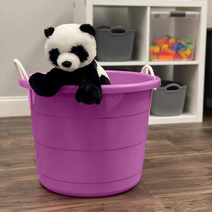 HOMZ 2-Pack Utility Tub, Large Plastic Storage Bucket with Rope Handles, 17 Gallon, Purple