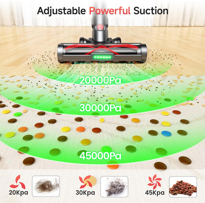 Cordless Vacuum Cleaner, 550W 45KPA Dual Motor Stick Vacuum for Home with 60mins Runtime, 6 LED Green Headlights, Self-Standing Design, V-Shaped Floor Brush for Carpet Tile Pet Hair Hardwood Floors