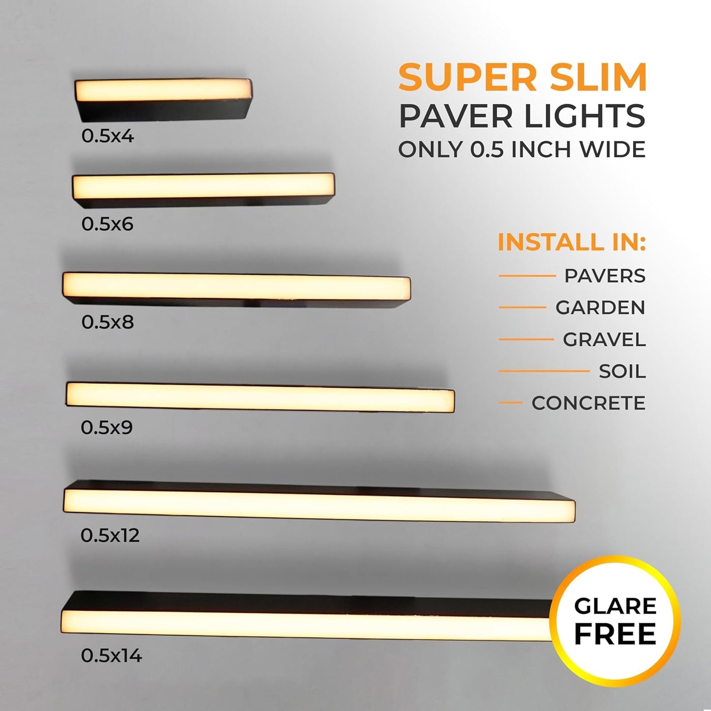 LUMENGY Paver Light Slim 0.5x16 Inch Glare-Free 2700K Warm White, Steel Brick Lighting for Pavers, Walls, Driveway & Pathway Borders, Waterproof IP67, 12V AC/DC Drive-Over Rated