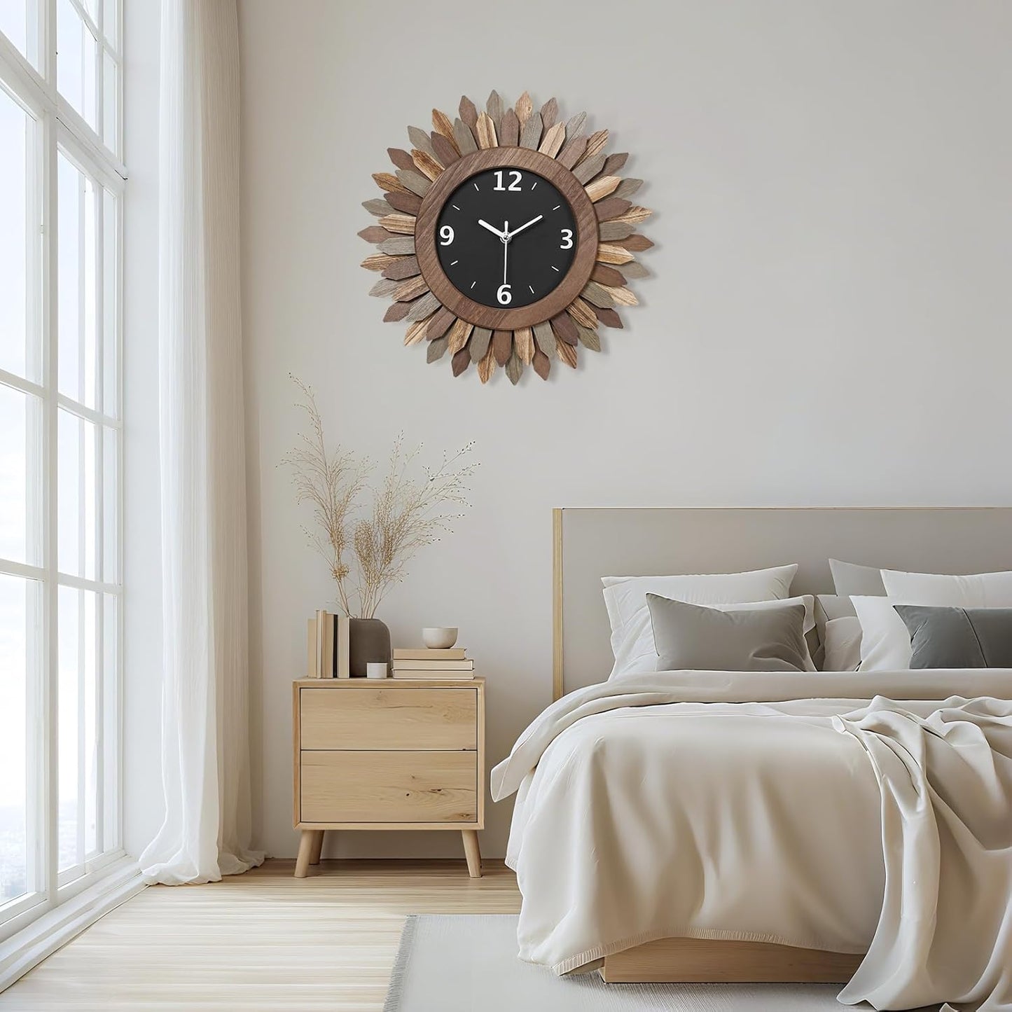 Honiway 14 Inch Wall Clock, Rustic Wood Boho Sunburst Decorative Wall Clocks Battery Operated Silent Non Ticking Farmhouse Small Wall Clocks for Living Room Kitchen Bedroom Home Decor (Tricolor)