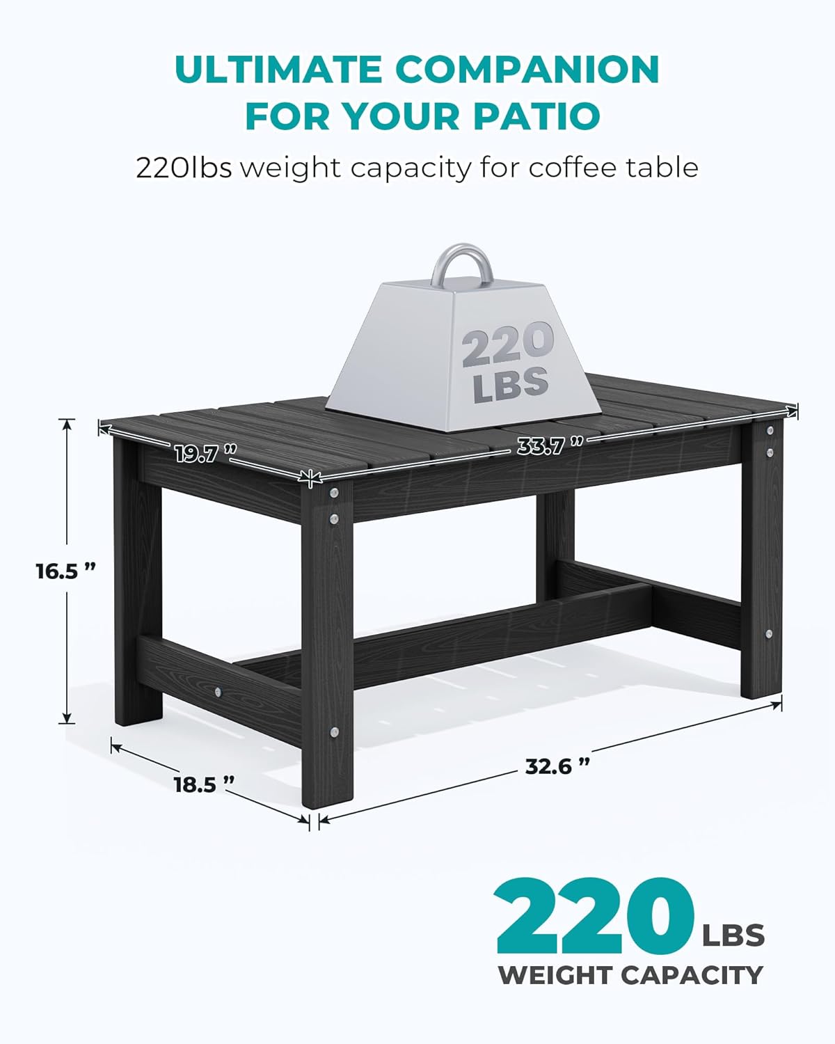 SERWALL Outdoor Coffee Table, HDPE Patio Coffee Table for Outside, Rectangle, Black