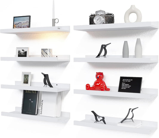 RICHER HOUSE 8 Set Floating Wall Mounted Shelves, Nursery Hanging Book Shelves with Lip for Storage, White Display Picture Ledge Shelf for Bedroom Bathroom Kitchen Living Room Wall Decor, Modern White