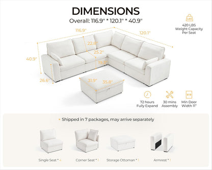 Oversized Modular Sofa Comfy Cloud Couch with Storage, Extra Deep Plush Sectional Sofa Set for Living Room, Covers Washable, Chenille, Olar (White, 6-seatser with Corner & Ottoman, v-Shaped)