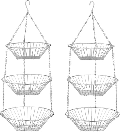 3-Tier Wire Fruit Hanging Basket 2 Packs, non-Punching Wall Hanging Storage, Kitchen Bathroom Organization Basket, Suitable for Bathroom, Kitchen, Closet, Garden, Chrome