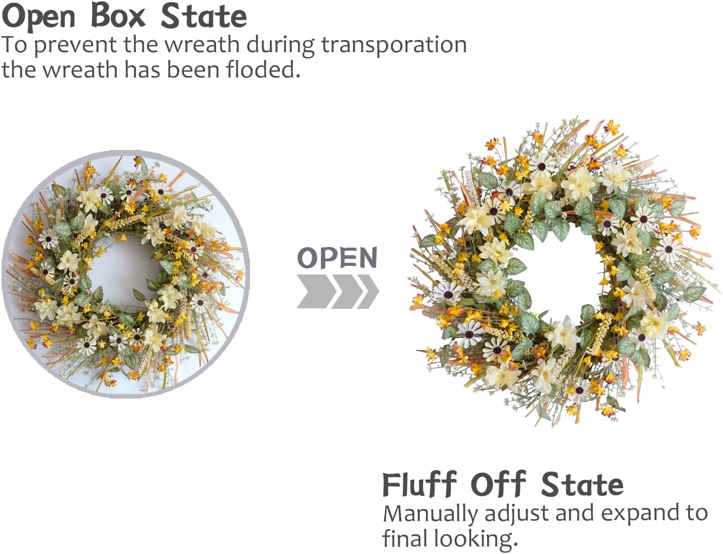 idyllic 20 Inches Spring Summer Front Door Wreath, Yellow and White Daisies Flowers, Ear of Wheat, Green Leaves Wreath for Front Door