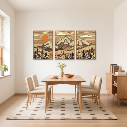 HPNIUB Mountain Framed Canvas Wall Art, Vintage Pine Tree Wall Decor, Country Wilderness Forest Wildflower Painting, Modern Nature Sun Art Prints for Living Room,Bedroom,Farmhouse- 16"x24"x3