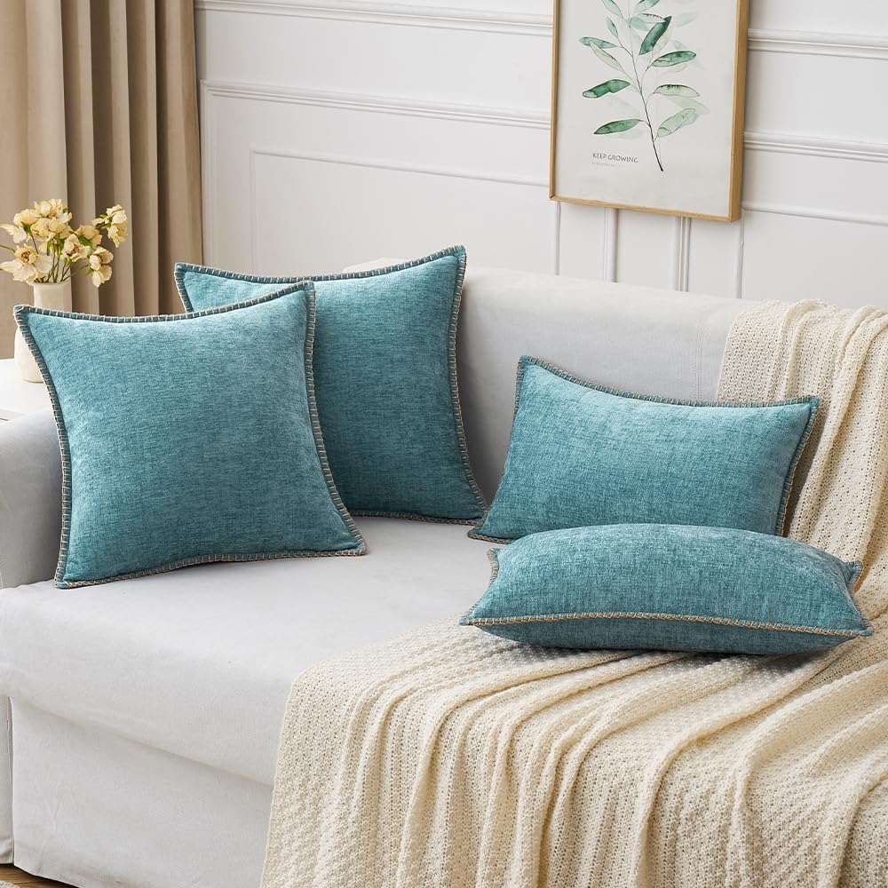 MIULEE Pack of 2 Couch Throw Pillow Covers 18x18 Inch Coastal Smoke Blue Farmhouse Decorative Pillow Covers with Stitched Edge Soft Chenille Solid Dyed Spring Pillow Covers for Sofa Bed Living Room