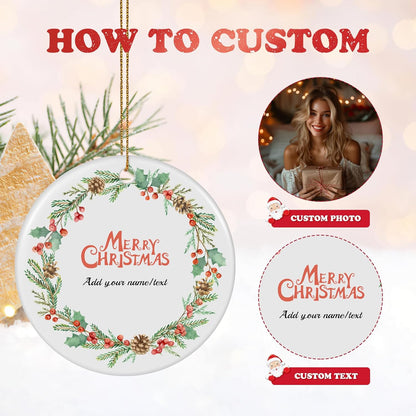 Personalized Christmas Ornaments 2025, Double-Side Custom Christmas Ornament, Round Ceramic Photo Ornament Christmas Tree Decorations for Kids, Mom, Dad, Family, Loved One