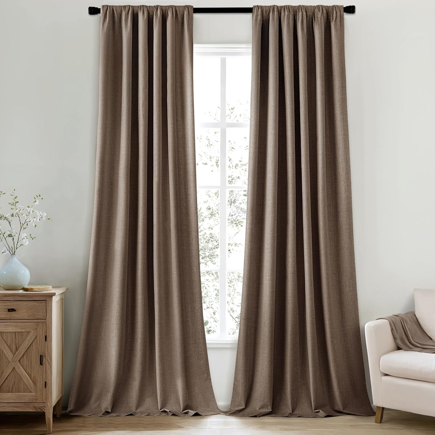 MIULEE 100% Blackout Curtains 120 Inch Long 2 Panels Set for Bedroom, Thick Faux Linen Black Out Curtain Room Darkening Back Tab Pleat Window Textured Drapes with Hooks for Living Room, Dutch Cocoa