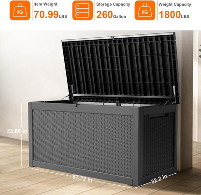 260 Gallon Resin Deck Box, Lockable Patio Outdoor Storage Box for Furniture, Garden Tools and Tools Storage, Waterproof Outside Storage Boxes - Black