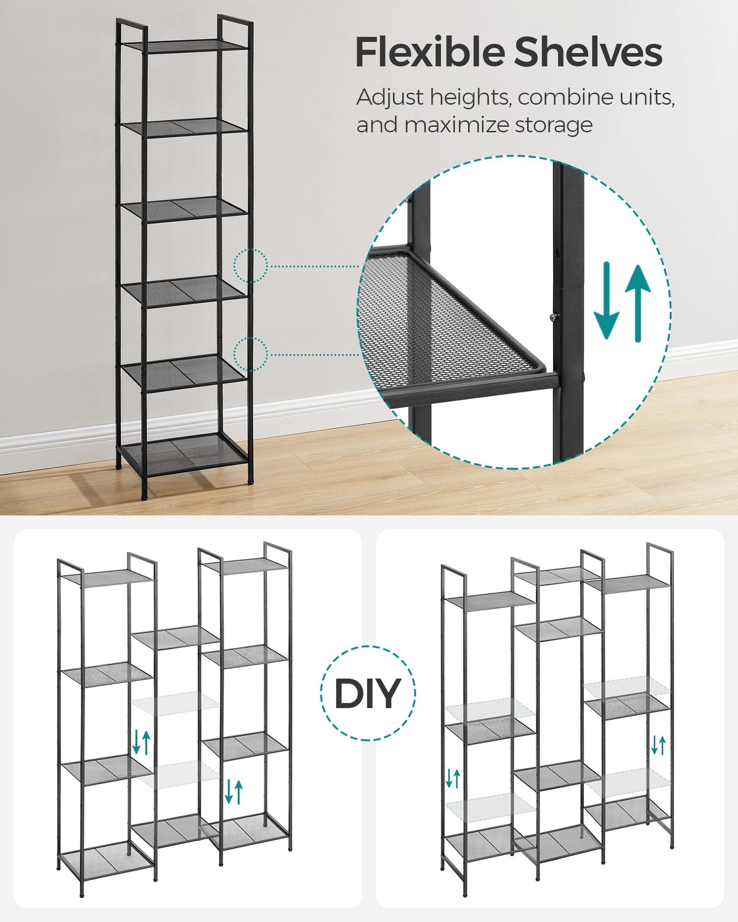 SONGMICS 6-Tier Storage Rack, Bathroom Shelf, Extendable Plant Stand with Adjustable Shelf, for