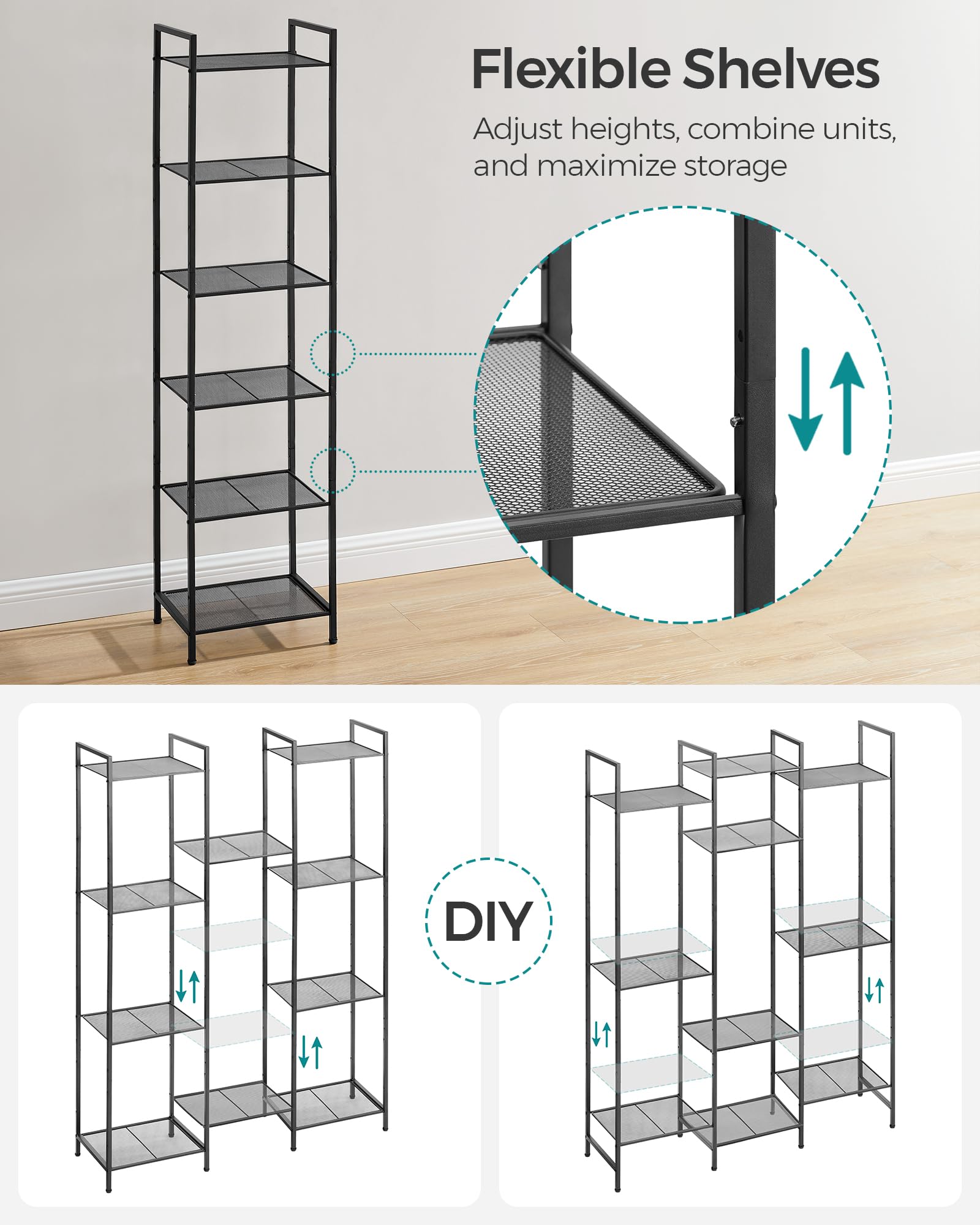 SONGMICS 6-Tier Storage Rack, Bathroom Shelf, Extendable Plant Stand with Adjustable Shelf, for