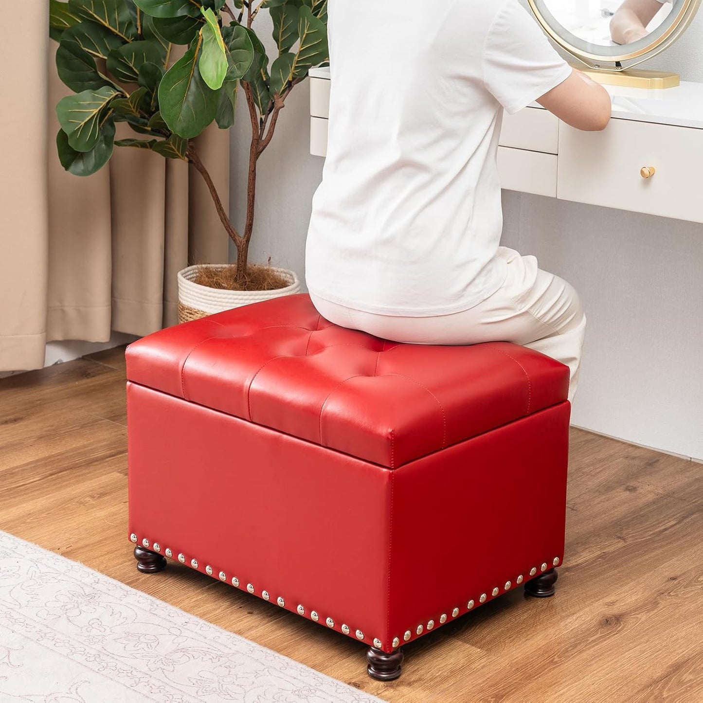 Joveco Leather Storage Ottoman, 24" Rectangle Square Bench Foot Rest Stool for Bedroom Living Room, Red