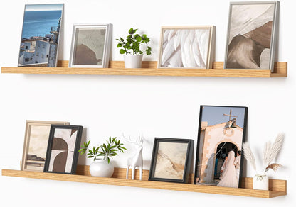 Heimlove Picture Ledge Shelf, Floating Shelves Set of 2, 48 Inches Picture Shelf for Wall with Ledge, Kids Bookshelf Wall Mounted for Living Room Bedroom Decor Books Photo Frames, Natural Oak