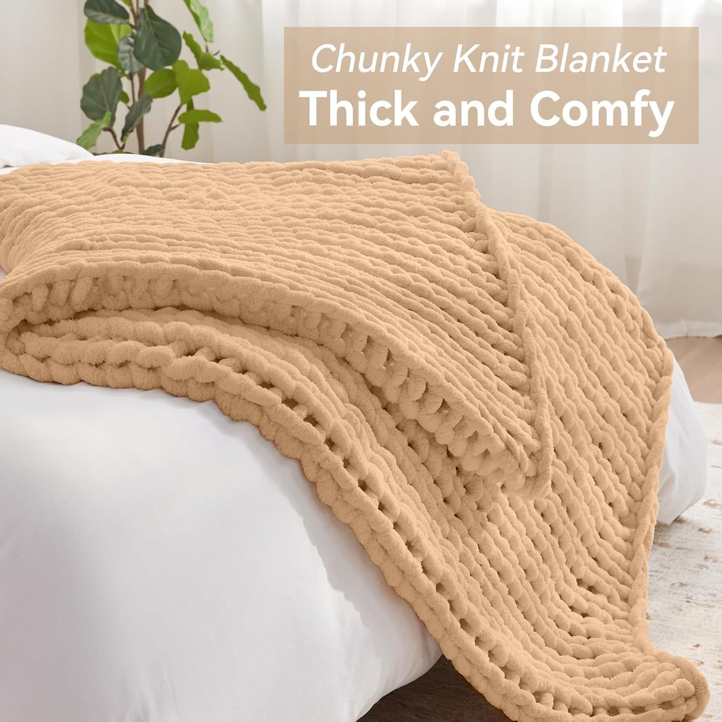 Chunky Knit Throw Blanket, 40''*50'' Knitted Throw Chenille Yarn for Bed Couch, Handmade Beige Crochet Big Thick Blanket, Machine Washable Cute Comfy Blanket for Home Decor