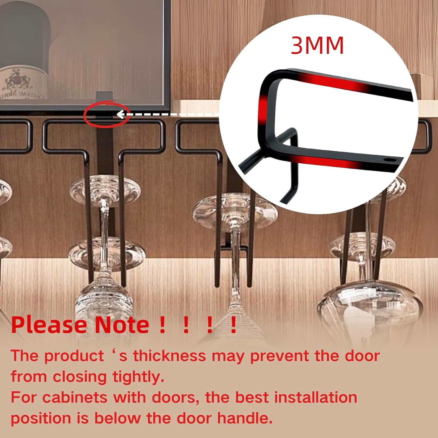 LINFIDITE Wine Glass Holder 2PCS Stemware Rack Hanger Under Cabinet Wine Glass Rack Kitchen Hanging Storage Rack Organizer,Black