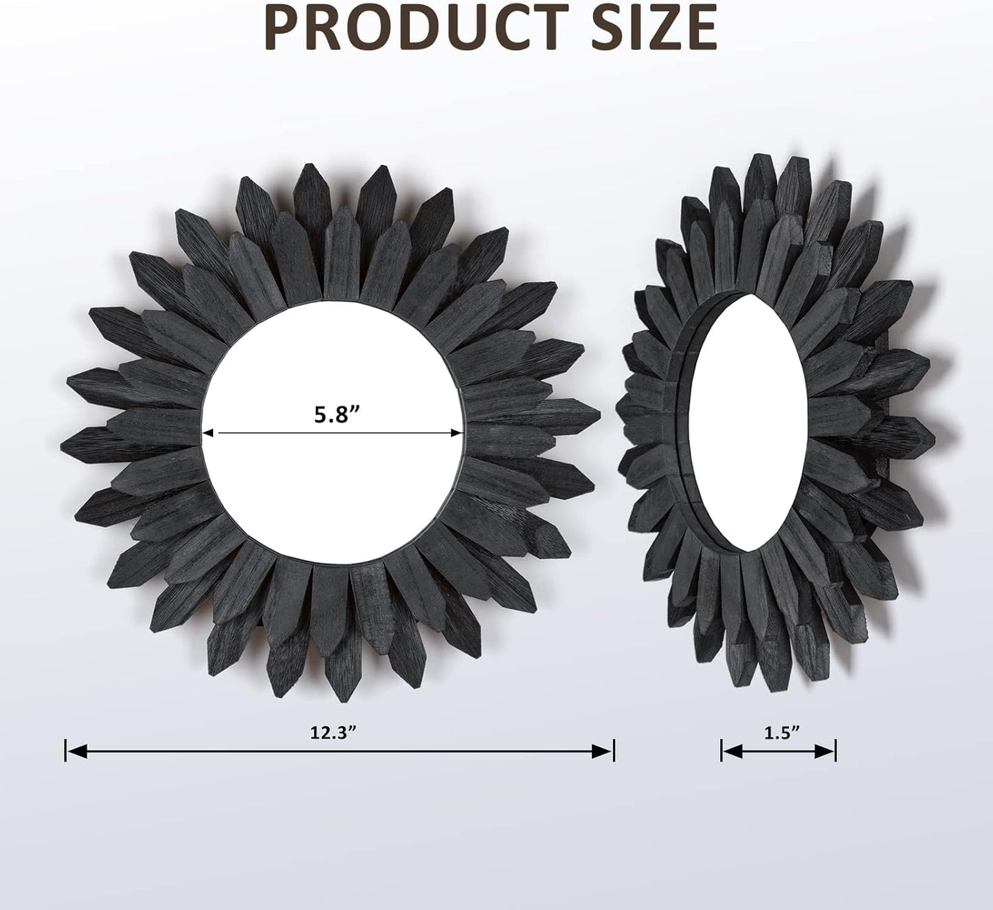 Honiway Boho Wall Decor Mirrors for Wall 2 Pack 12 inch Wood Decorative Mirror for Room Decor Rustic Farmhouse Mirror for Bedroom Bathroom Living Room Kitchen Black