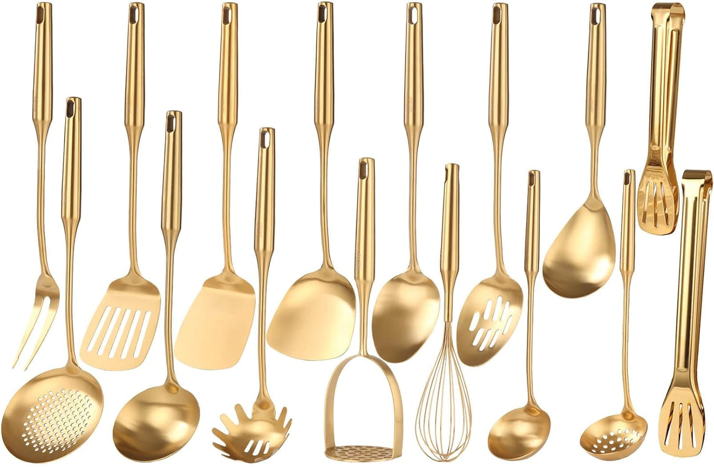 Gold Cooking Utensils Set - 18/10 Stainless Steel Large and Small Spoons Set, 16 PCS All Metal Kitchen Tools, Serving Utensils - Whisk, Masher, Fork, Tongs, Spatula, Ladle, Skimmer, Turner, Pasta