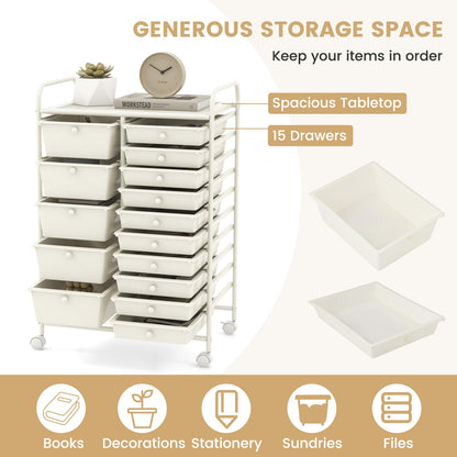 COSTWAY 15 Drawer Rolling Storage Cart, Mobile Utility Cart with Lockable Wheels, Drawers