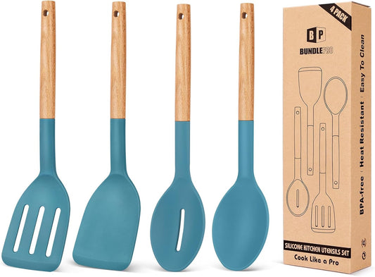 Pack of 4 Silicone Cooking Utensils Set, Non Stick Solid Spatulas and Heat Resistant Slotted Spoons