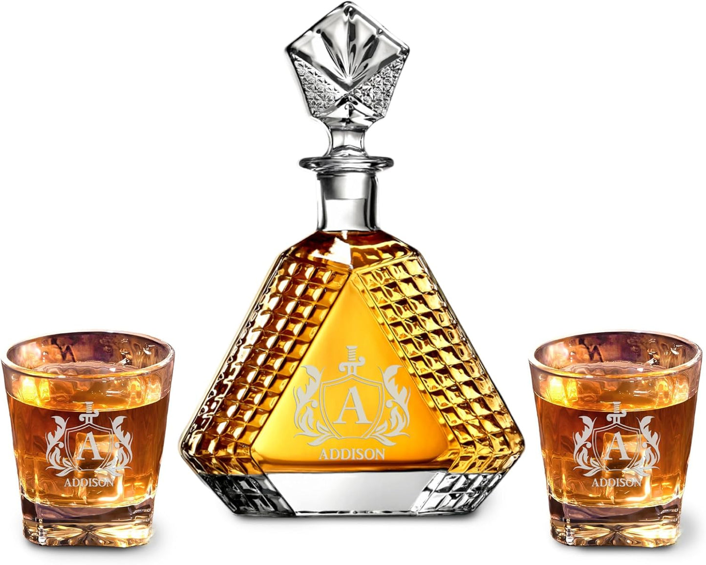 Personalized Triangle Whiskey Decanter Set for Men 650ml Luxury Gift for Groomsman, Liquor Decanters with 2 or 4 Glasses for Birthday, Retirement, Weddings - 24 Engraved Design Options