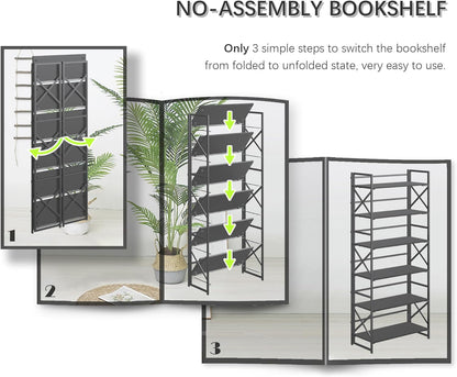 4NM 6 Tiers No Assembly Book Shelves, 61.8" H Folding Bookshelf Bookcase Open Industrial Foldable Shelves for Bedroom, Living Room, Home Office - All Black