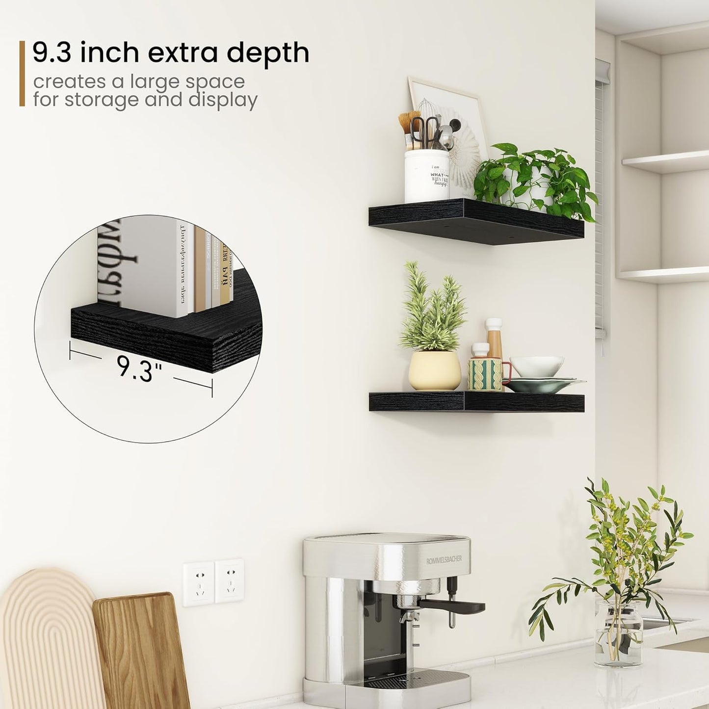 Fun Memories Deep Floating Shelves - 16" W x 9" D x 1.6" H Rustic Black Wall Shelf - Wall Mounted Shelves for Storage - Wooden Shelves with Invisible Brackets for Living Room, Farmhouse - Set of 2