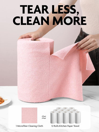 Fantasticlean Microfiber Cleaning Cloth Roll -150 Sheets, Tear Away Microfiber Towels, 12" x 12", Reusable Washable, Ultra Absorbent Dish Rags for Car, Home, Garage or Shop (Pink and Grey)