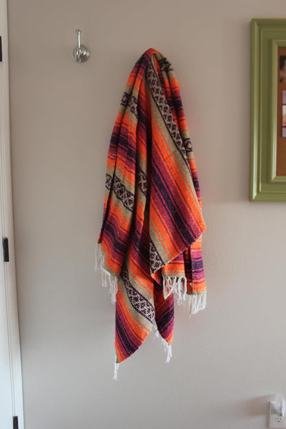 Del Mex Classic Mexican Blanket, Large Authentic Woven Falsa Throw (70"x50"), Artisan Southwest Décor for Beach, Yoga, Outdoors (Pink/Orange)