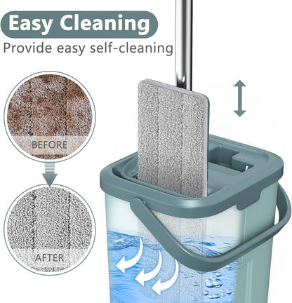 Aifacay Mop and Bucket with Wringer Set, Flat Wall Mop and Bucket Set with 4 Reusable Microfiber Pads, Hand Wash Free Floor Cleaning System Wet and Dry Use for Hardwood Tile Window Corner Baseboard
