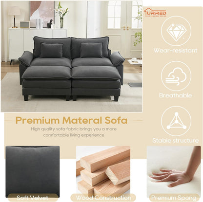 URRED Modular Sectional Sofa Comfy Cloud Couch, Modern Velvet Sofa Sleeper Deep Seat Couches with Ottoman/Pillows for Living Room (Dark Gray, 82.6''- 2 Ottomans)