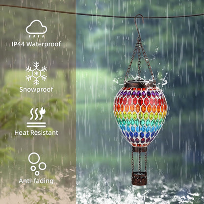 VOREEN Hot Air Balloon Solar Lantern, Mosaic Solar Outdoor Hanging Wind Light, Waterproof, Patio Festive Decor, Gift for Mom Wife Friend, Rainbow Pattern