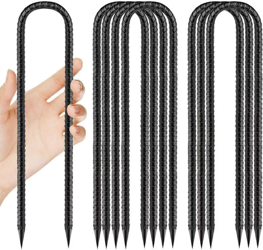 Rebar-Stakes-12-Inch, Ground Stakes Heavy Duty U-Hook Black Coated Anti-Rust Heavy Duty Ground