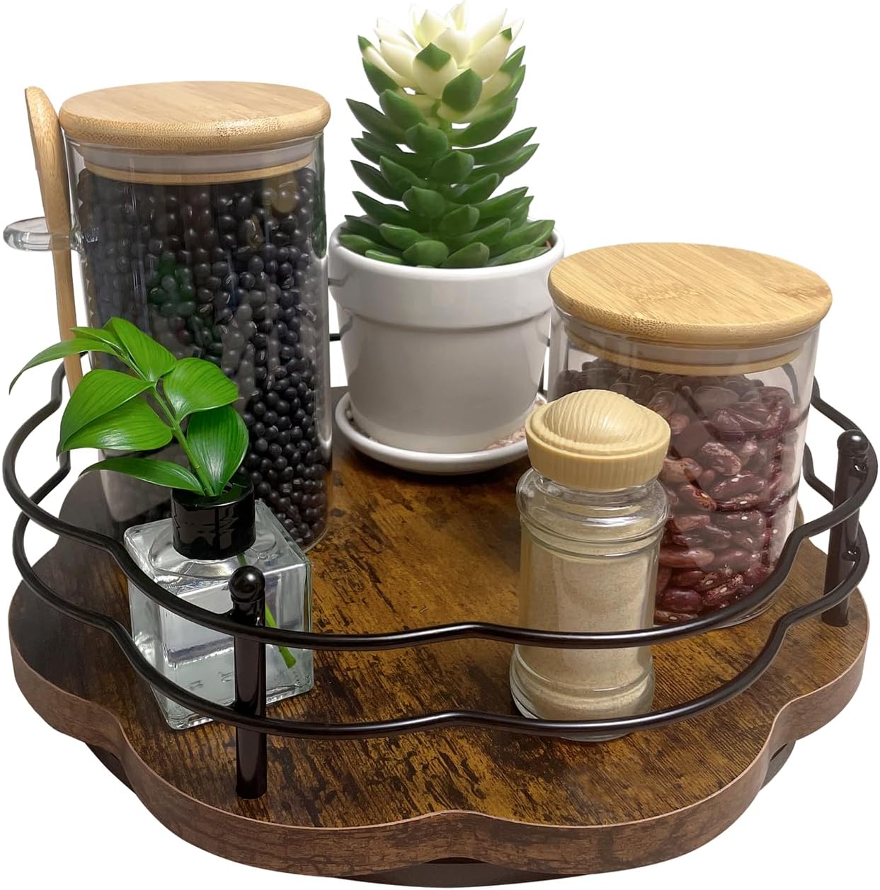 Lazy Susan Turntable Organizer with Higher Metal Sides, 11" Wooden Lazy Susan Spice Rack Organization and Storage for Cabinet,Kitchen,Countertop,Table Top,Dining Table,Coffee Bar Decor