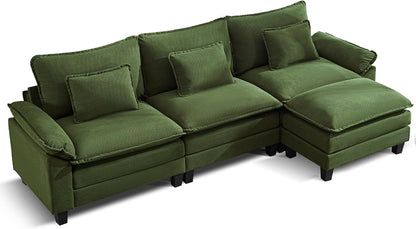 URRED Modular Sectional Sofa Comfy Cloud Couch, Modern Corduroy Sofa Sleeper Deep Seat Couches with Ottoman/Pillows for Living Room (Green, 117''- L Shape)