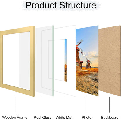 8x10 Picture Frame Set of 4, 8 x 10 Wood Photo Frames with Mat for 5x7, Wooden Frame with Real Glass Cover for Wall and Tabletop Display,Gold