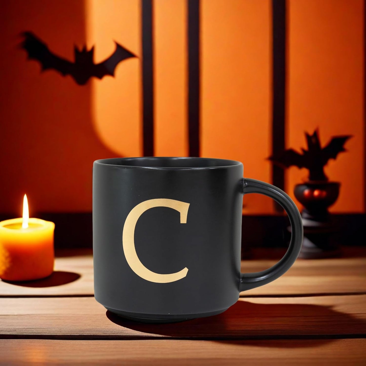 COLLECTIVE HOME - Monogram Ceramic Mugs, 15 oz Golden Initial Black Coffee Cups, Elegant Alphabet Tea Mugs, Elegant Personalized Mug with Gift Box, Unique Mug with Double Side Capital Lette (C)