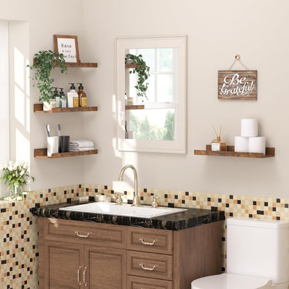 upsimples Floating Shelves for Wall, Wall Shelves for Decor Storage Set of 6, Wall Mounted Wood Shelf for Bedroom, Living Room, Bathroom, Kitchen, Picture Ledge Shelf, Brown