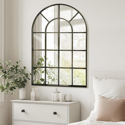 Arched Windowpane Wall Mirror 30"x48" Bronze Wall Mounted Art Pane Mirror Farmhouse Decorative Mirror Leaning Hanging Wall Mirror for Bedroom Living Room Entrance Hallway Wall Decor