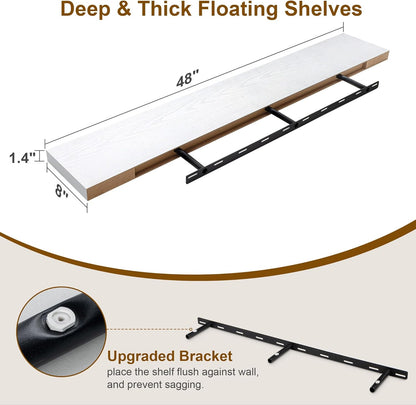 White Floating Shelves 48 Inch Long, 8 Deep Floating Shelves for Wall, Rustic 48" Long Fireplace Mantel, Large 48 x 8 Wall Shelves for Bedroom, Living Room, Bathroom, White Deep Shelves Set of 1
